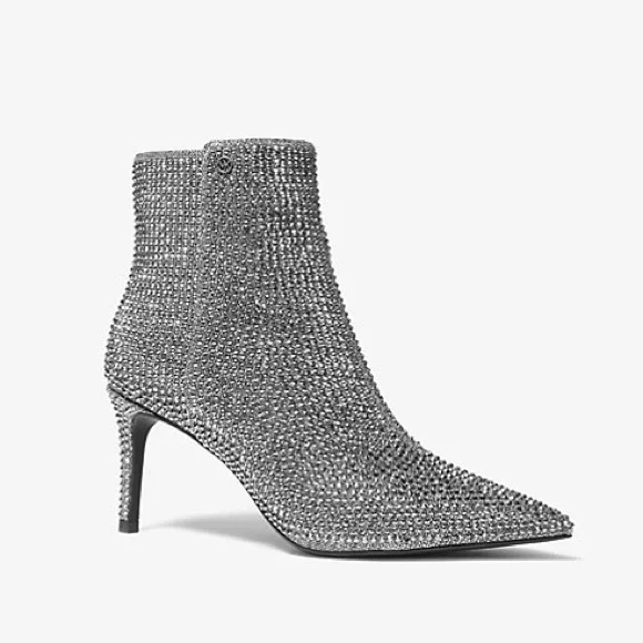 Michael Khors Woman’s 5 1/2 Silver Mesh Chain 3” Heel Ankle Boots With Side Zip - Picture 3 of 8
